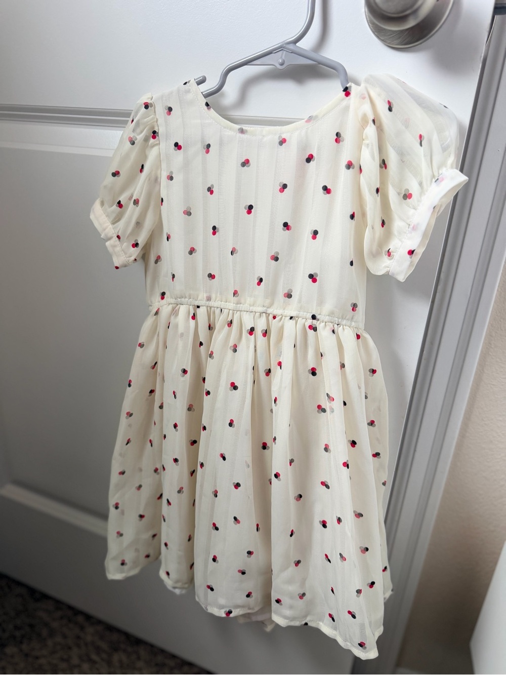 Girls Cream Cherry Dot Puff-Sleeve Dress